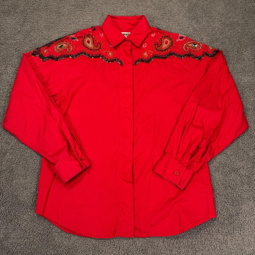 VTG Wrangler Western Shirt Womens Medium Red‎ Beaded Paisley Show Riding Cowboy